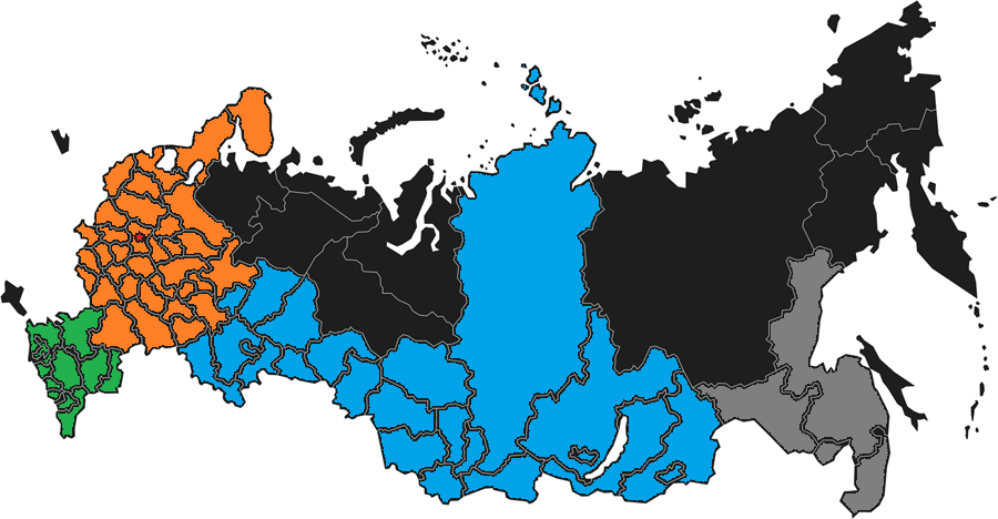 Климатические кластеры России. Цветовые обозначения: синий — кластер 1, рыжий — кластер 2, зелёный — кластер 3, серый — неценовая зона, чёрный — изолированные регионы.
